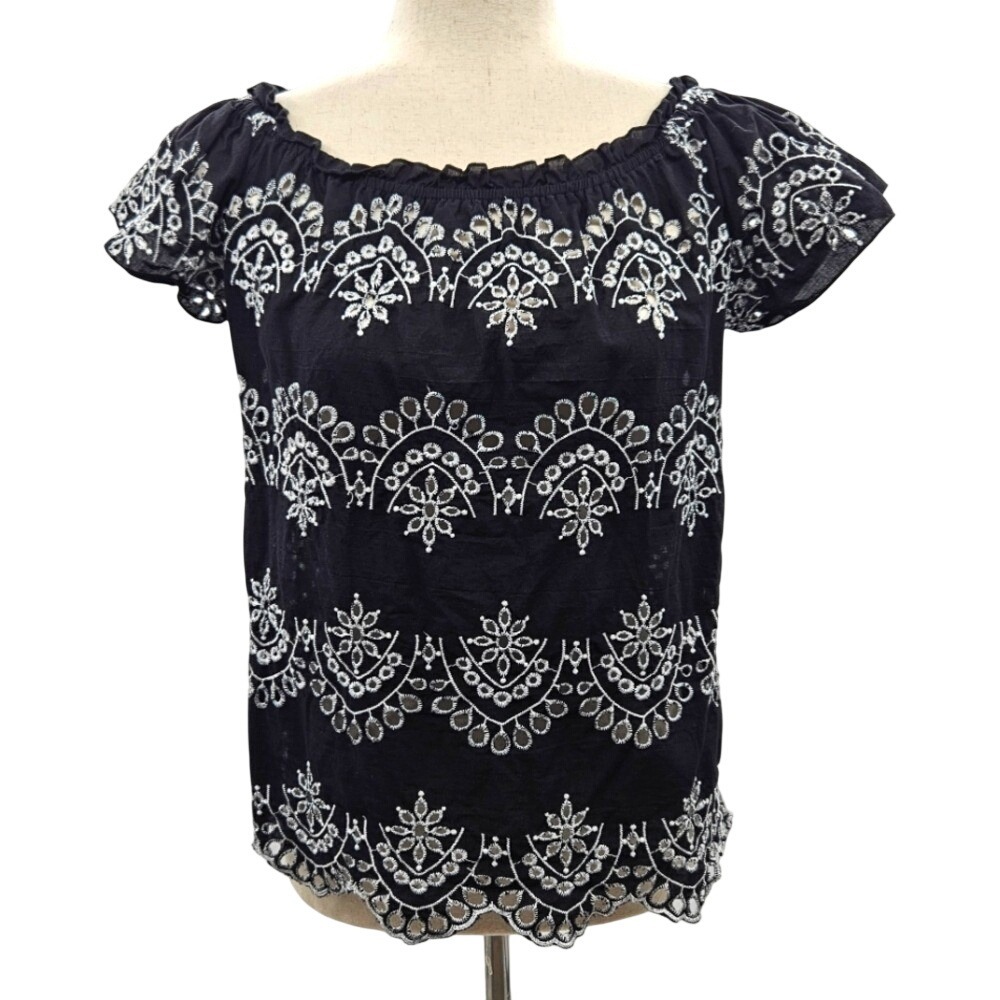 ADIVA Black Off‎ Shoulder Embroidered Eyelet Top Women's Size M